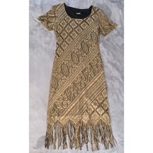 Vintage Helene Blake Gold Black Flapper Gatsby Evening Gown Dress Fringe Roaring